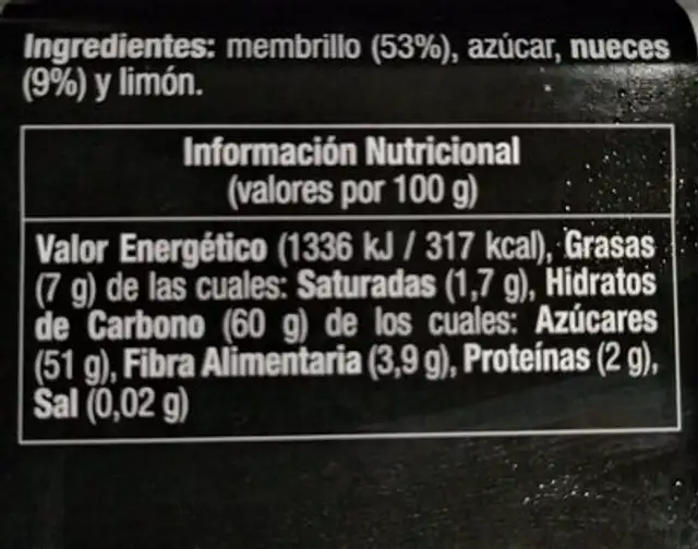 Carne de Membrillo con nueces nutrition facts table