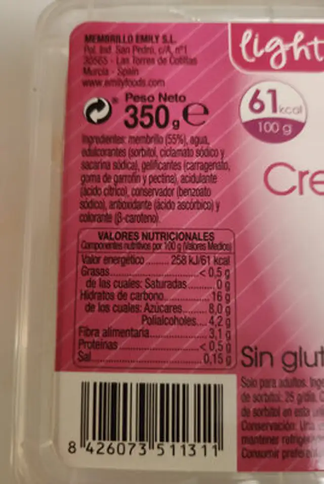 Crema de membrillo ingredients label