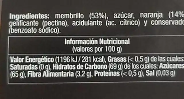 Carne de membrillo con naranja nutrition facts table