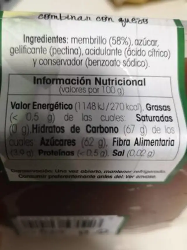 Membrillo nutrition facts table