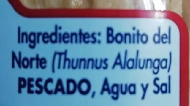 Bonito del Norte ingredients label