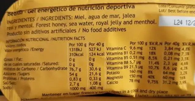Gel deportivo nutrition facts table