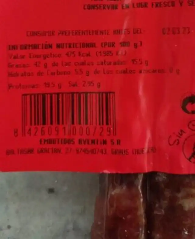 Longaniza de Pascua nutrition facts table