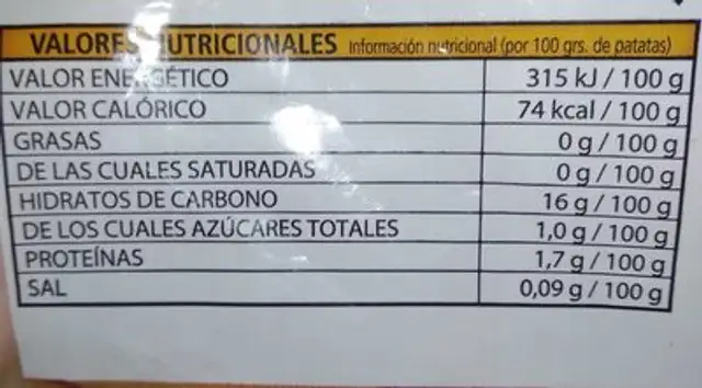 Papa de pueblo nutrition facts table
