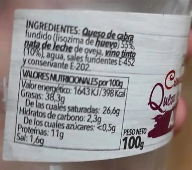 Crema de queso de cabra al vino nutrition facts table