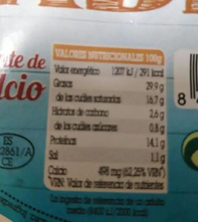 Queso fresco tradicional de Cabra nutrition facts table