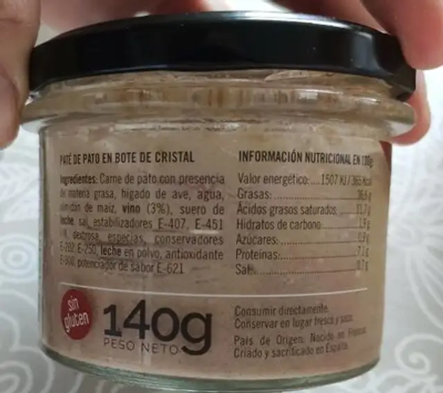 Paté Canard nutrition facts table
