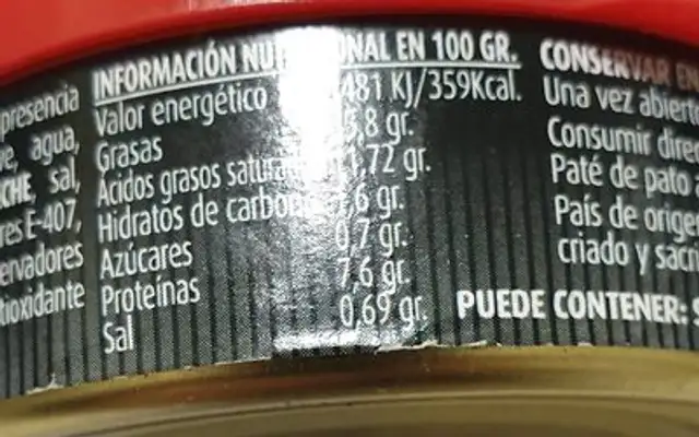 Paté de pato a la pimienta negra nutrition facts table
