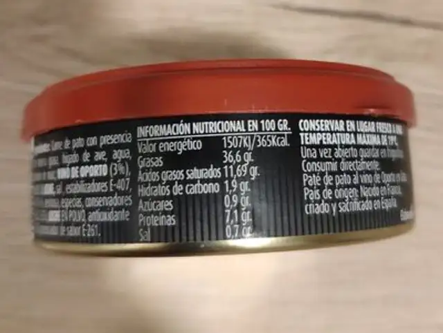 Paté de pato nutrition facts table