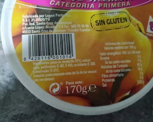 Dulce de membrillo nutrition facts table