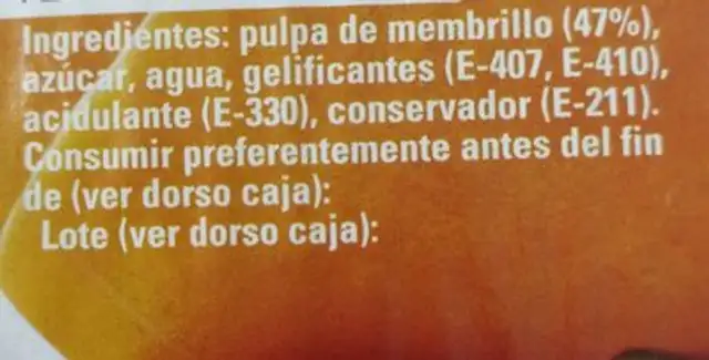 Dulce de Membrillo nutrition facts table