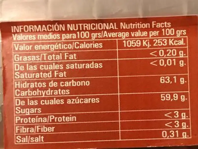Dulce de membrillo artesano nutrition facts table