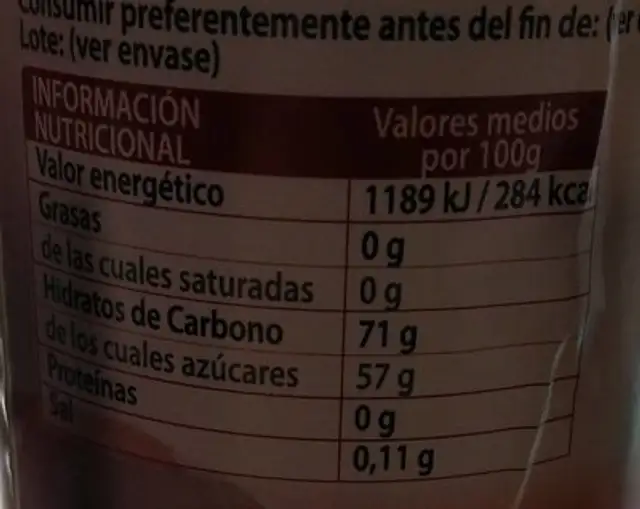 Sirope de fresa nutrition facts table