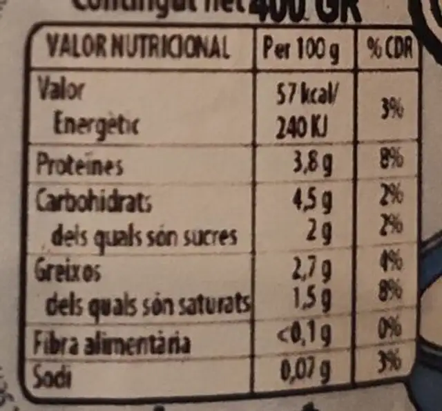 Yogur natural El prat nutrition facts table