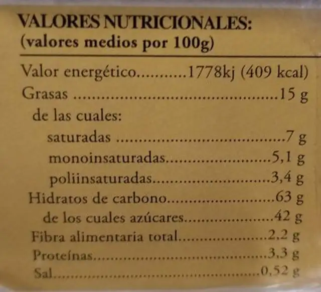 Hojaldres Milagritos nutrition facts table