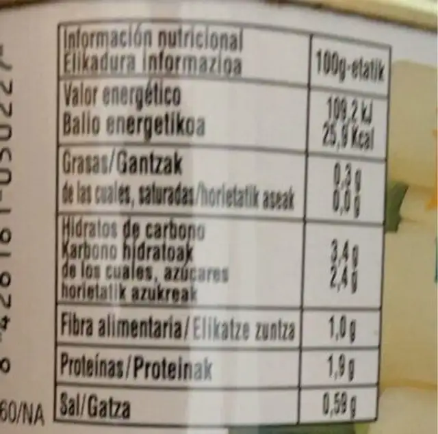 Esparragos nutrition facts table