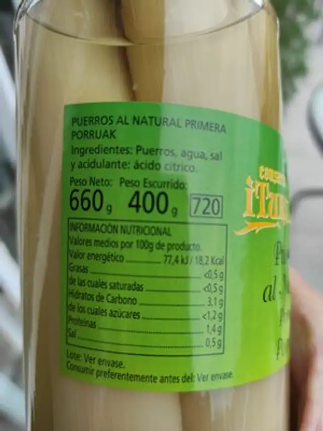 Puerros al natural ingredients label