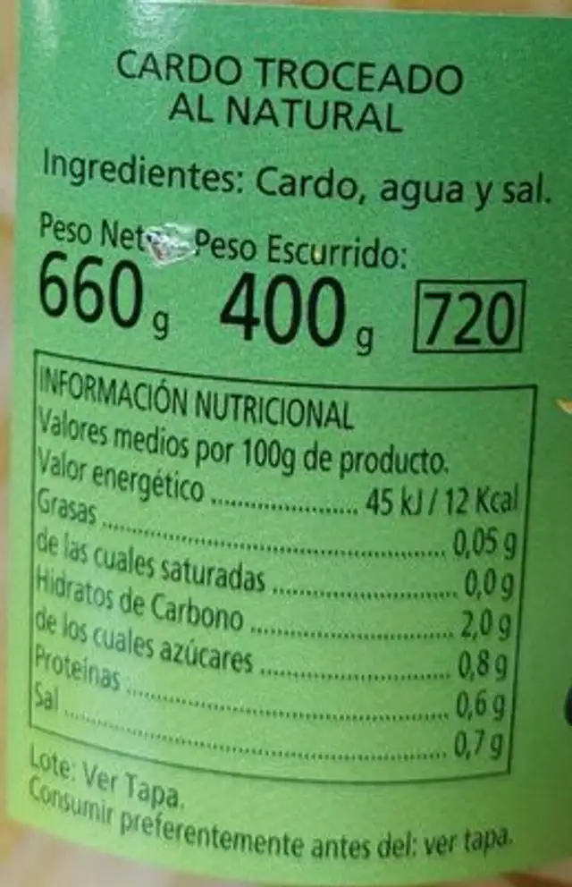 Cardo al natural nutrition facts table