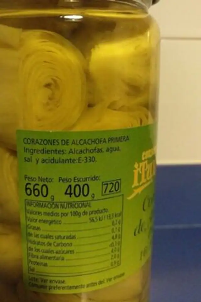 Corazones de alcachofa nutrition facts table