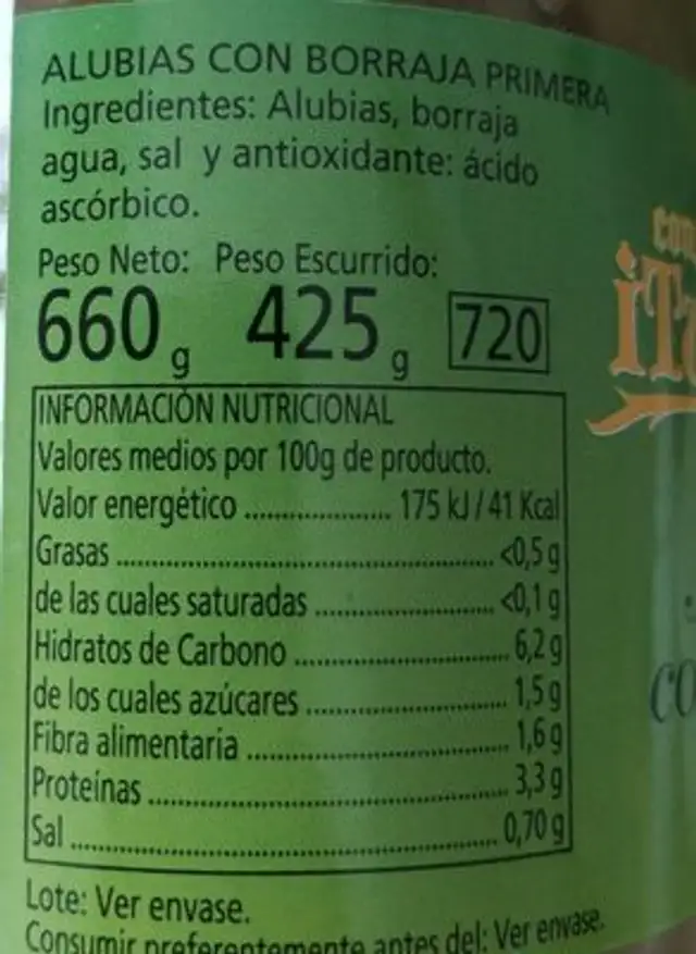 Alubias con Borraja Primera nutrition facts table