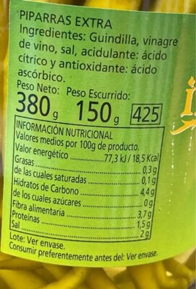 Piparras nutrition facts table