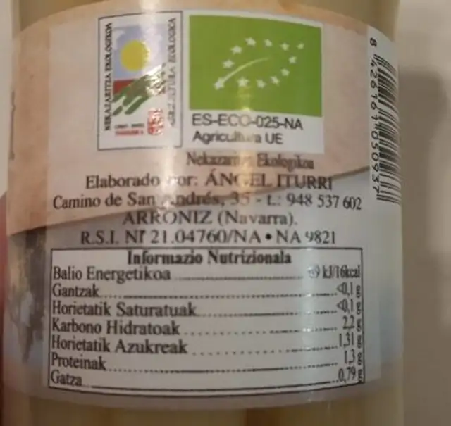 Espárragos nutrition facts table