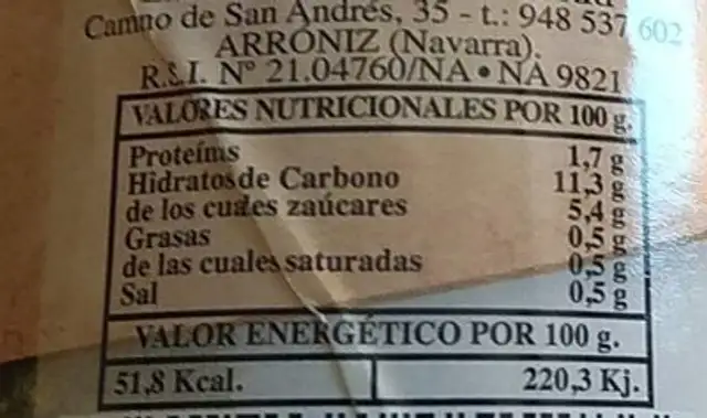Pimiento del piquillo entreverado de primera nutrition facts table