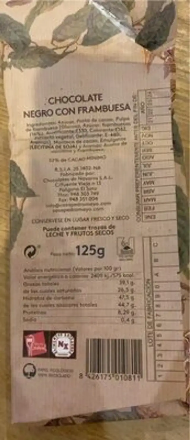 Chocolate negro con frambuesa nutrition facts table
