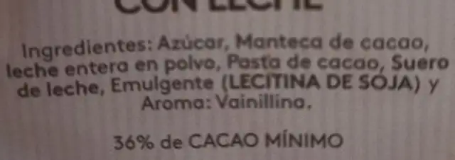 Chocolate con leche ingredients label