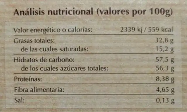 Chocolate negro con naraja nutrition facts table