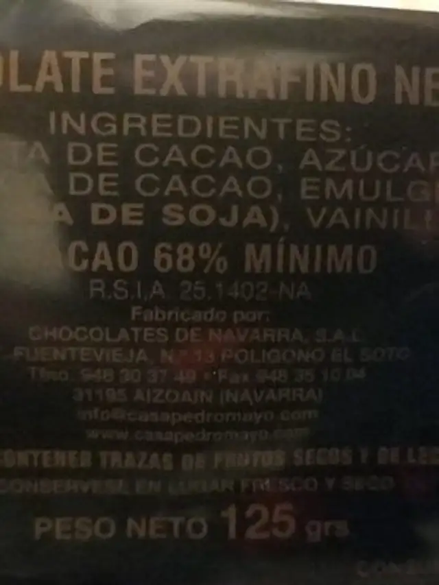 Chocolate negro extrafino cacao ingredients label