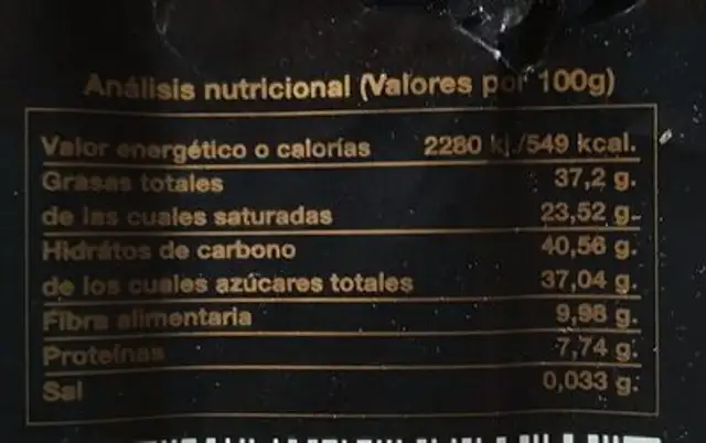 Chocolate negro extrafino cacao nutrition facts table