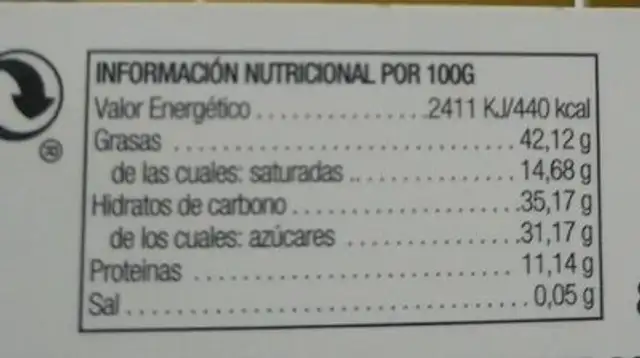 Almendrado nutrition facts table
