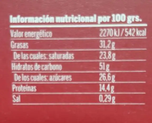 Turrón chocolate nutrition facts table
