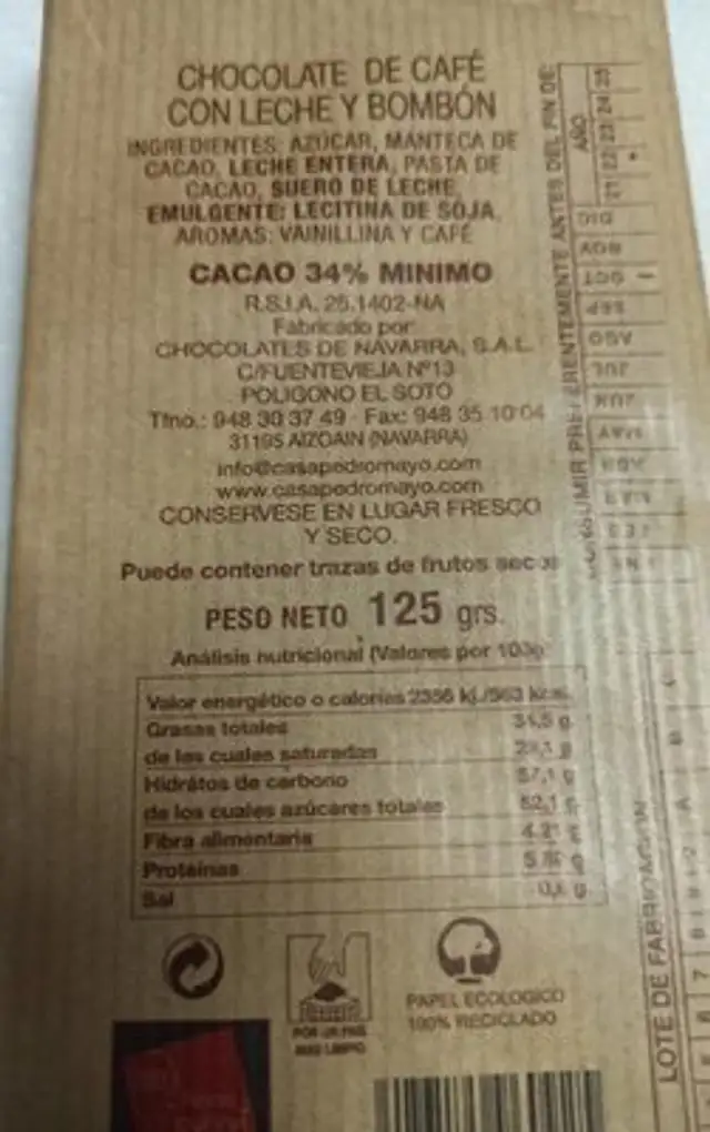 chocolate de café con leche y bombón nutrition facts table