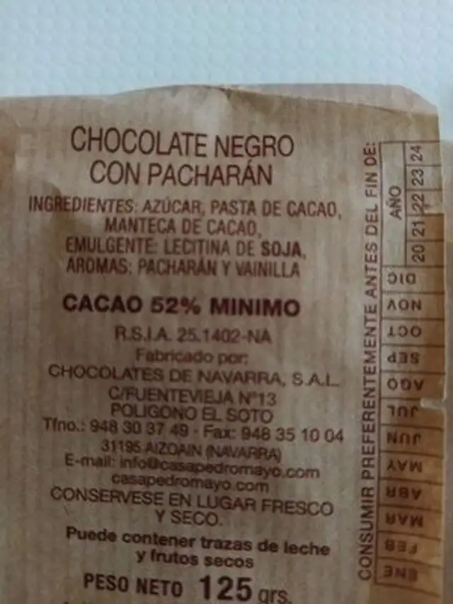 Chocolate negro 95% ingredients label