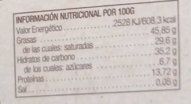Chocolate negro 95% nutrition facts table