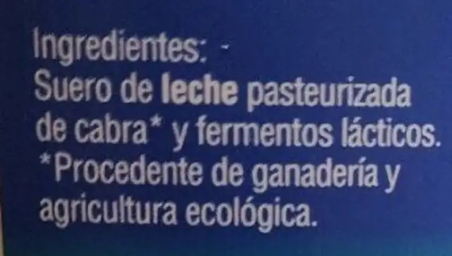 Requesón Ecológico de Cabra ingredients label