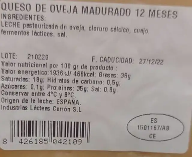 QUESO PURO DE OVEJA nutrition facts table