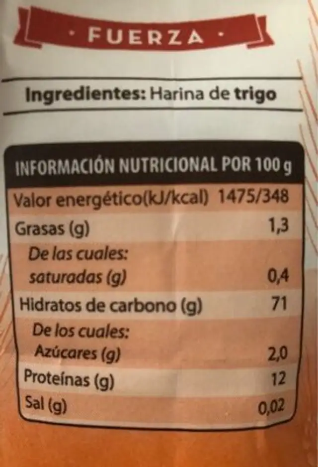Harina de trigo nutrition facts table