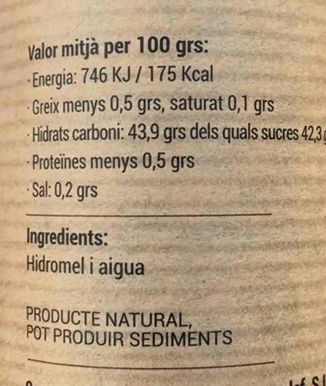 Vinagre de miel nutrition facts table