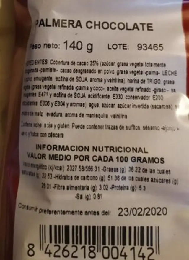 Palmera de Chocolate nutrition facts table