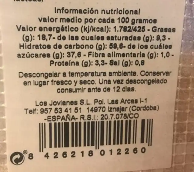 Unknown nutrition facts table