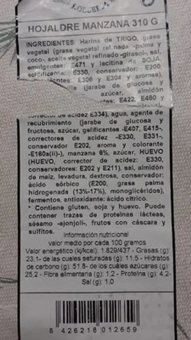 Hojaldre de manzana nutrition facts table