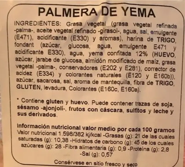 Palmeras de yema nutrition facts table