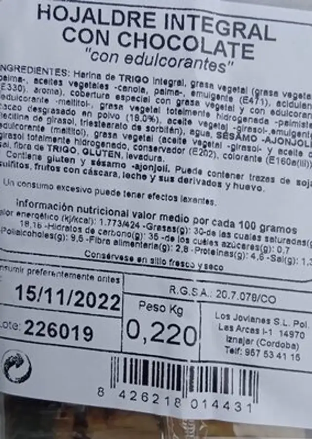 Hojaldre integral con chocolate nutrition facts table