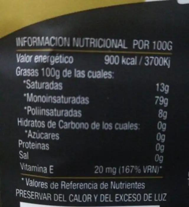 Aceite de Oliva Virgen Extra variedad Cornicabra nutrition facts table