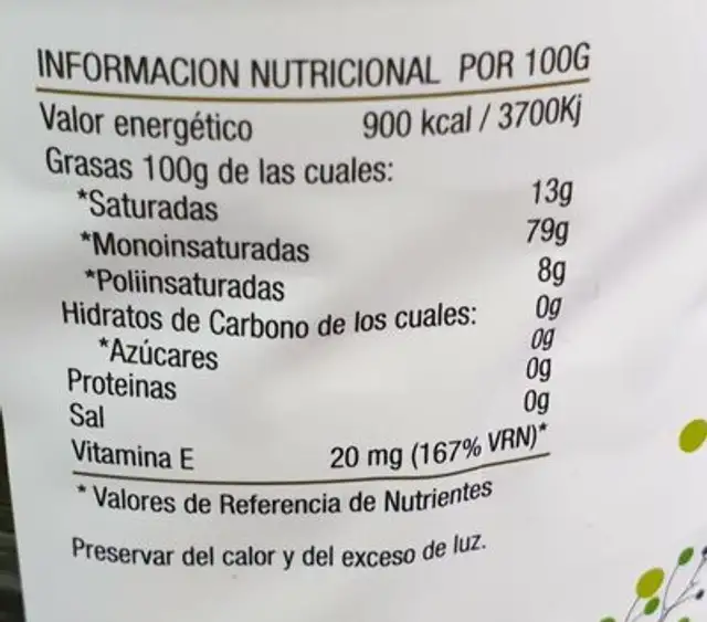 Aceite Virgen Extra Ecológico nutrition facts table