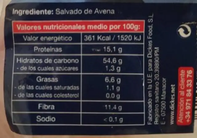 Salvado de avena nutrition facts table