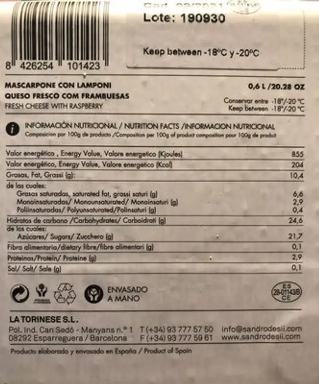 Fresh Cheese with Raspberry ice cream nutrition facts table